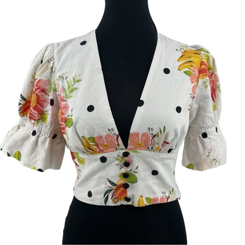 Farm Rio White Nanaju Floral Print Tropical Cropped Blouse Size Small